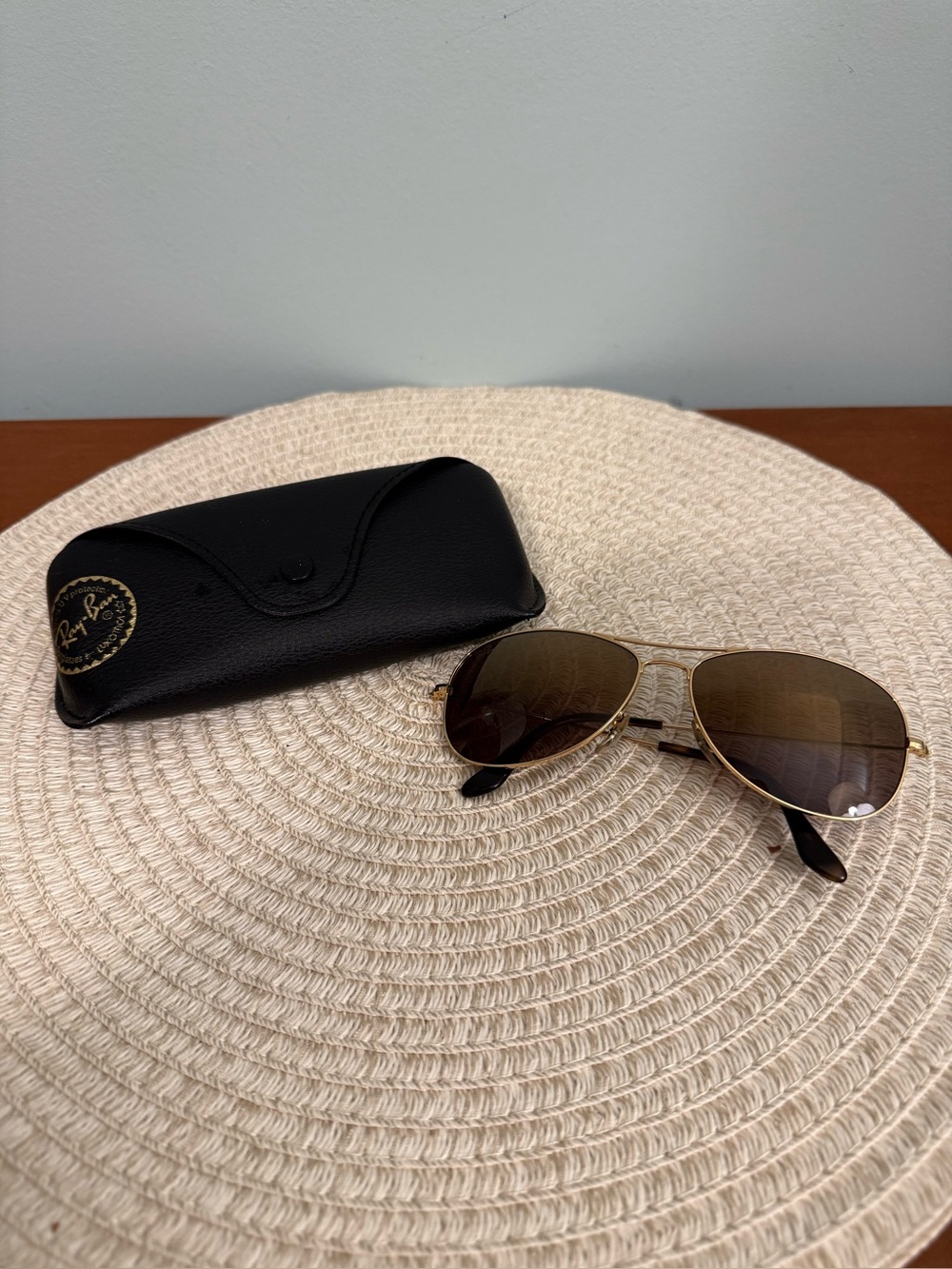 Ray-Ban Women’s Gold Aviator Sunglasses with Brown Lenses and Black Temples